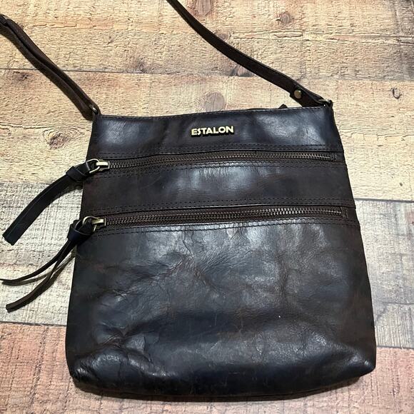 Estalon Women's Dark Brown Distressed Leather Tri-Zip Crossbody Bag Purse 10x10 - Picture 1 of 5